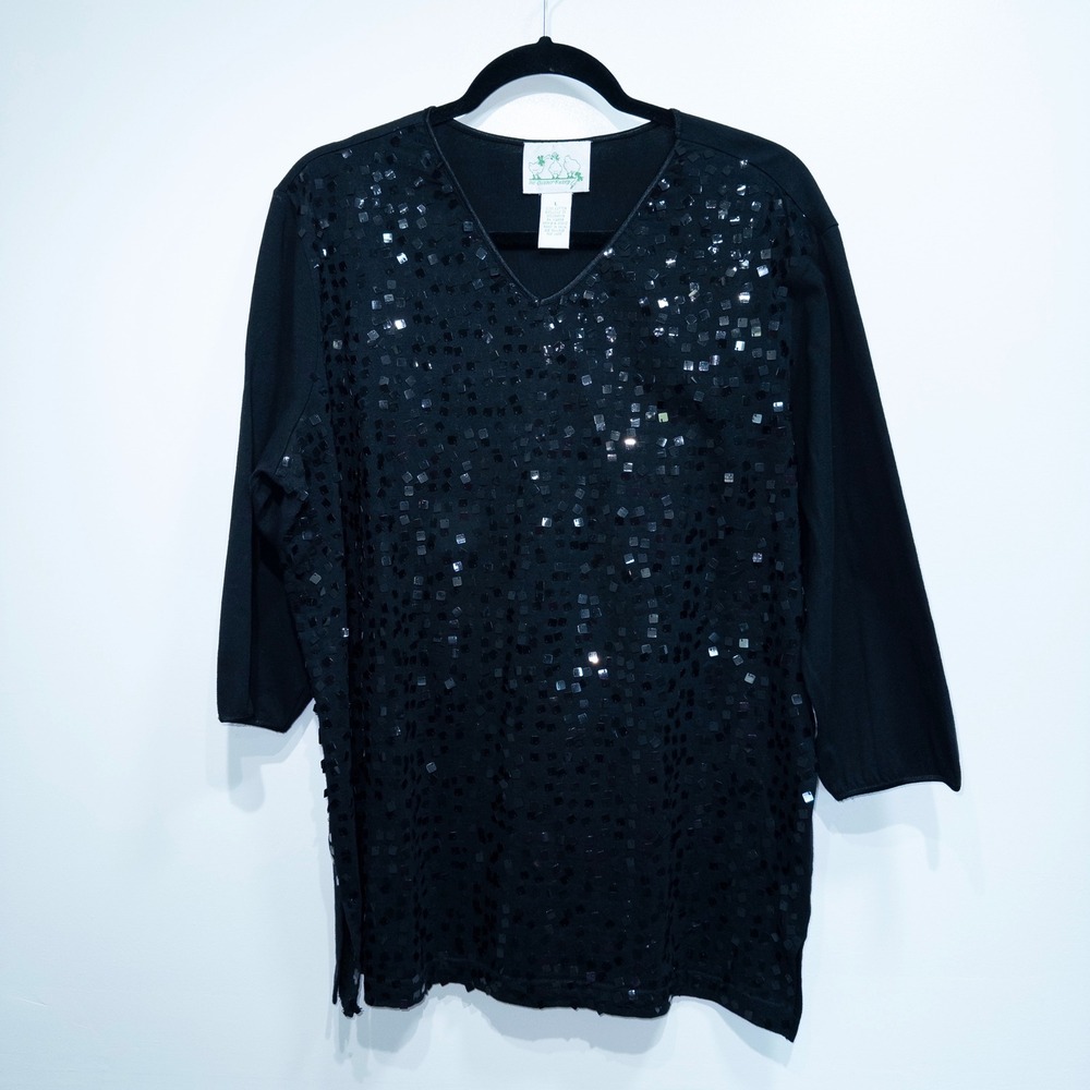 Vintage The‎ Quacker Factory Black Square Sequin Cotton T-Shirt Size Large